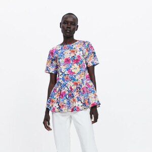 Zara Floral Peplum String-Tie Blouse Top (NWT)